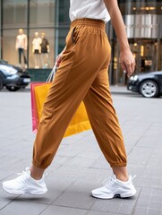 Young woman wearing casual clothing and white sneakers walking on the sidewalk after shopping, carrying colorful shopping bags in the city center
