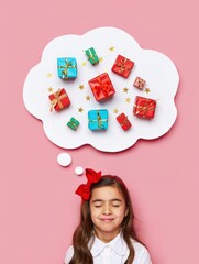 Cute little girl with closed eyes imagining many colorful gift boxes and golden star confetti in a thought bubble on a pink background, expressing a desire for presents and celebration
