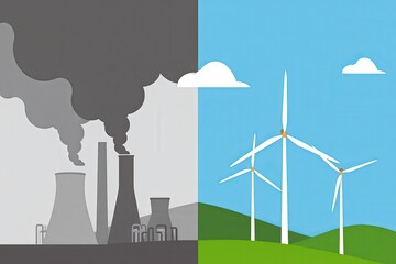 Factories emitting dark smoke into the atmosphere are contrasted with wind turbines generating clean energy, symbolizing the choice between harmful pollution and sustainable practices