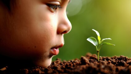 Close up profile of a young child carefully observing a small plant growing in fertile soil, representing concepts of environmental awareness, nature's fragility, and the future of our planet