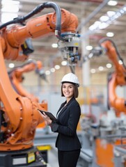 Businesswoman wearing hardhat and holding tablet while smiling in factory with robotic arms, showcasing integration of automation and human expertise in modern industrial workplace