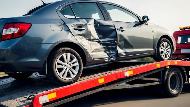Gray damaged car from accident being transported on a red tow truck on a road with light in the background.