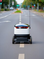 Modern delivery robot navigating city streets, utilizing GPS for precise navigation while autonomously delivering parcels and mail, embodying the future of logistics and urban transport