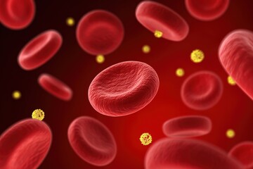 Microscopic view of red blood cells and viruses moving through a blood vessel, representing concepts related to infections, diseases, and medical research