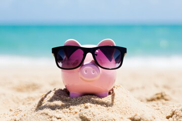 Pink piggy bank wearing sunglasses is relaxing on a sandy beach with turquoise water in the background, suggesting saving money for summer holidays