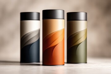 Three cylindrical containers with stylized leaf designs.