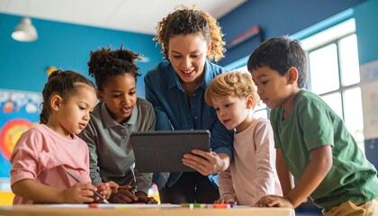 Diverse kids learning with a teacher