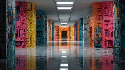 Abstract Hallway with Vibrant Decorative Pillars and Reflective Flooring