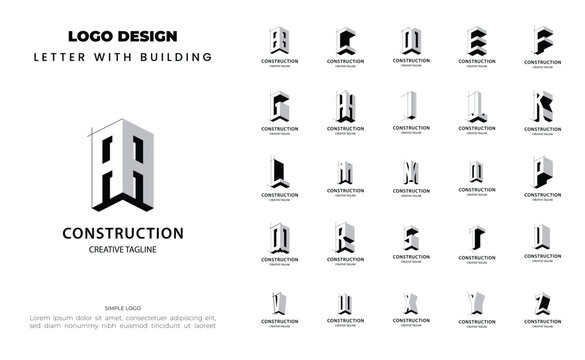 Set of letter A-Z monogram building logo design for real estate, architecture and construction company. Bundel logo initial