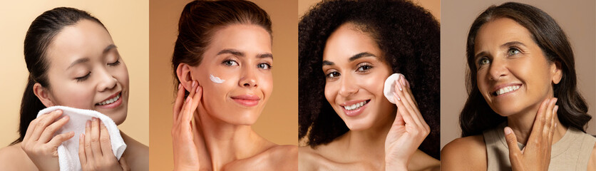 This collage features four women of varying backgrounds enjoying their skincare routines at home....