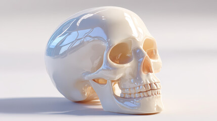 Explore a detailed human skull with a glossy finish, set against a clean white backdrop for striking contrast.