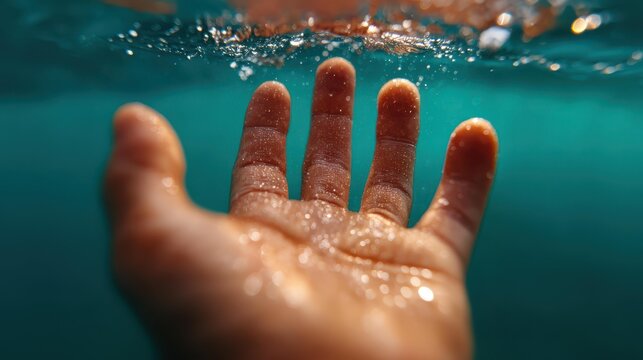 A tense scene depicting a hand struggling underwater, capturing the urgency of a rescue in a perilous situation.