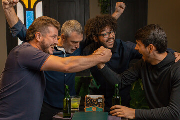 Friends Celebrating Together at Bar – Cheers and Excitement