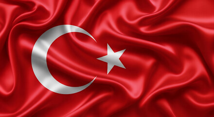 Obraz premium Close up view of the türk bayrağı or Turkish flag made of silky fabric material with moon and star. Patriotic symbol and national identity concept. Represents Turkey and Turkish culture