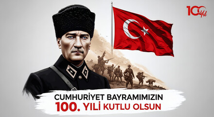 Commemorative illustration celebrating the 100th anniversary of Republic Day in Turkey. Features Mustafa Kemal Atatürk, Turkish flag (türk bayrağı), soldiers, and patriotic elements