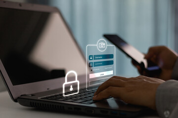 Secure login with multi-factor authentication on Laptop, Smartphone. Cybersecurity, identity verification, password, access to digital system. Cybercrime prevention, business, personal data protection