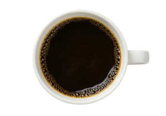 top view Fresh black coffee in a white cup on a white background, top down view