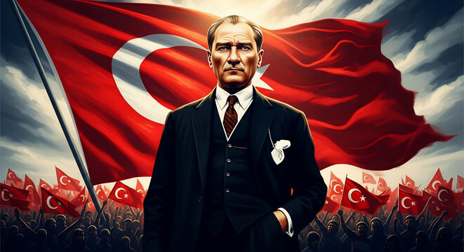 Mustafa Kemal Atat&uuml;rk stands resolutely before a majestic, waving t&uuml;rk bayrağı, symbolizing Turkish national pride