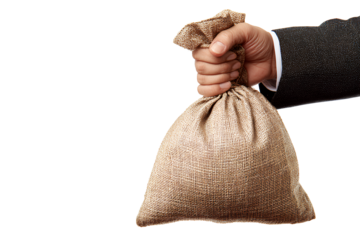 A businessman's hand holding a money bag, isolated on a white background