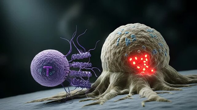 Microscopic View of T Cell Targeting Cancer Cell with Illuminated Area