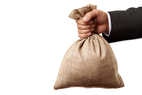 A businessman's hand holding a money bag, isolated on a white background