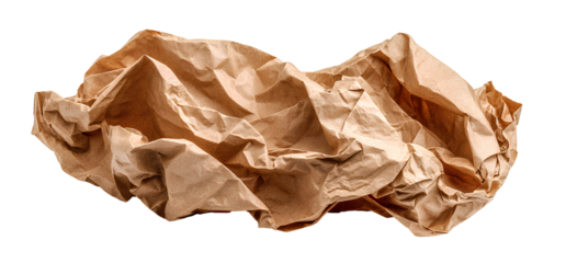A crumpled piece of brown paper, isolated on a white background