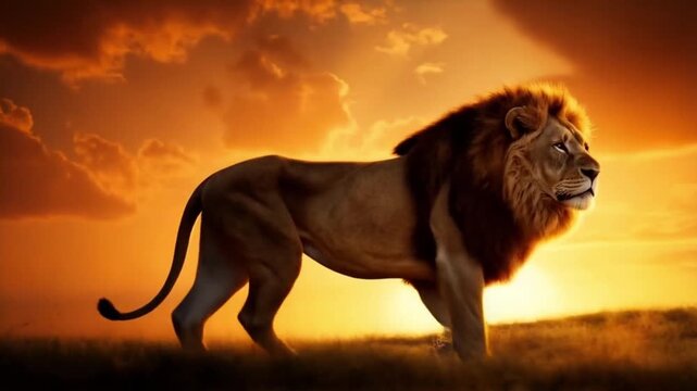 Majestic lion prowling through golden grasslands at sunset with dramatic sky background animal video