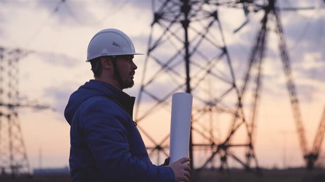 An electrician on the background of high towers of power plants looks at the project for the development of an electrical structure, the expansion of the electrical voltage of volts in the wires.