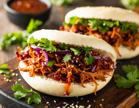 Delicious pulled pork bao buns with fresh herbs and sauce