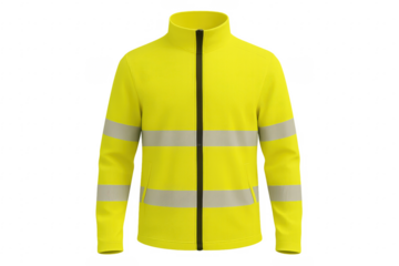 Yellow high visibility fleece jacket with reflective stripes on transparent background