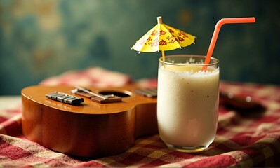 A refreshing tropical drink with a decorative umbrella sits beside a ukulele, evoking a sense of relaxation and island vibes.
