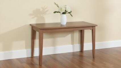 Elegant white flower vase on modern wood table against neutral wall