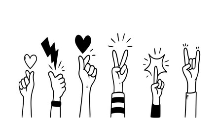 Hand Gestures Doodle Illustration with Symbolic Icons Like Love and Victory Signs