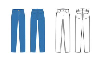 Set of Jeans Denim pants technical fashion illustration with full length, normal waist, high rise, coin, angled 5 pockets, Rivets. Flat blue bottom template front, back, grey color style. CAD mockup