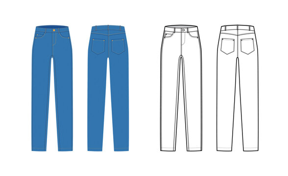 Set of Jeans Denim pants technical fashion illustration with full length, normal waist, high rise, coin, angled 5 pockets, Rivets. Flat blue bottom template front, back, grey color style. CAD mockup