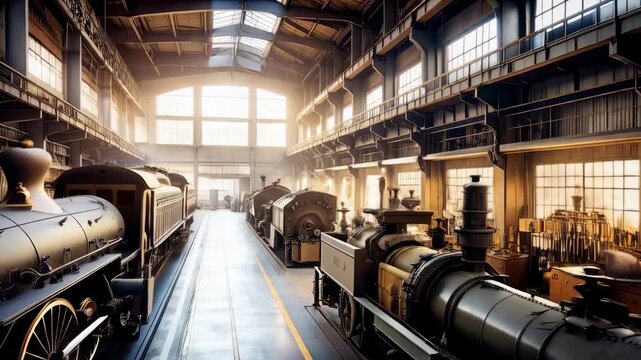 Vintage train engines lined up in a large industrial building, flooded with soft natural light through rows of windows, showcasing antique railway vehicles.