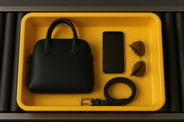 Black leather bag, smartphone, black leather belt, aviator sunglasses inside of a inside of a yellow color plastic tray on the dark gray airport conveyor belt, airport control, scanner check