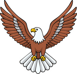 Majestic cartoon eagle with outstretched wings, ready for flight, isolated on white.