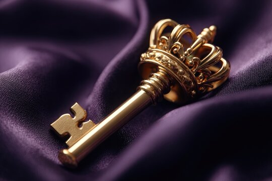 Ornate gold key on a purple silk cloth.