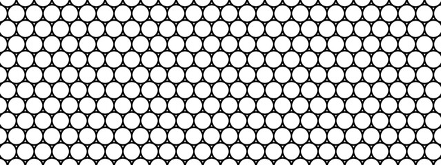 Naklejka premium Repeated thick round shapes pattern. Black circles on white background. Mosaic holey texture. Wire, lace, fishing net, cage or lattice structure. Abstract geometric print. Vector graphic illustration.