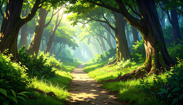 アニメーション風の森の小道。Animated forest path.