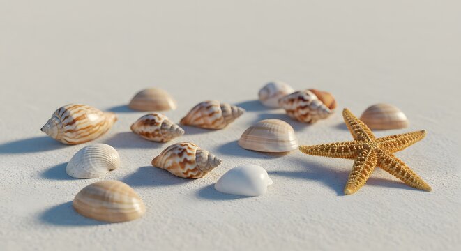 Serene Seaside Treasures: A collection of delicate seashells and a captivating starfish, arranged harmoniously, evokes the tranquility of a coastal haven.  