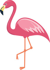 A vibrant pink flamingo stands gracefully on one leg, showcasing its elegant plumage and long neck.