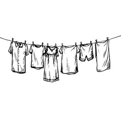 Vintage sketch of clothes hanging on a clothesline  