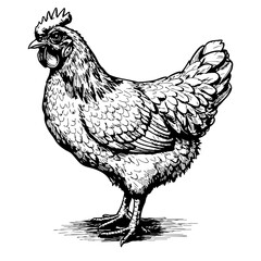 Vintage sketch of a chicken standing with detailed feathers  