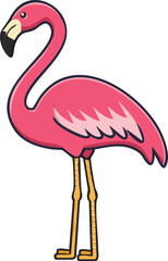 A cartoon illustration of a pink flamingo standing on its long, yellow legs.