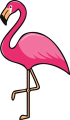 A cartoon flamingo stands on one leg, its neck gracefully curved, against a white background.