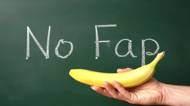 No Fap challenge concept for sexual abstinence and self-control. A hand holds a banana in front of a chalkboard symbolizing willpower and breaking habits.