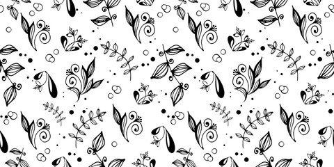Black and white seamless floral pattern with various leaves and flowers. The design features intricate details and a repeating motif, suitable for backgrounds or textiles.