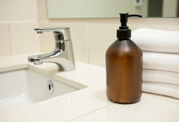 A modern bathroom displays a dark glass liquid soap dispenser next to neatly folded white towels, highlighting clean lines and a tranquil atmosphere Generative AI